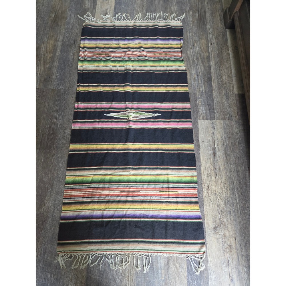 Vintage Mexican Saltillo Serape Blanket Multi Color Stripe Falsa Throw Fringe